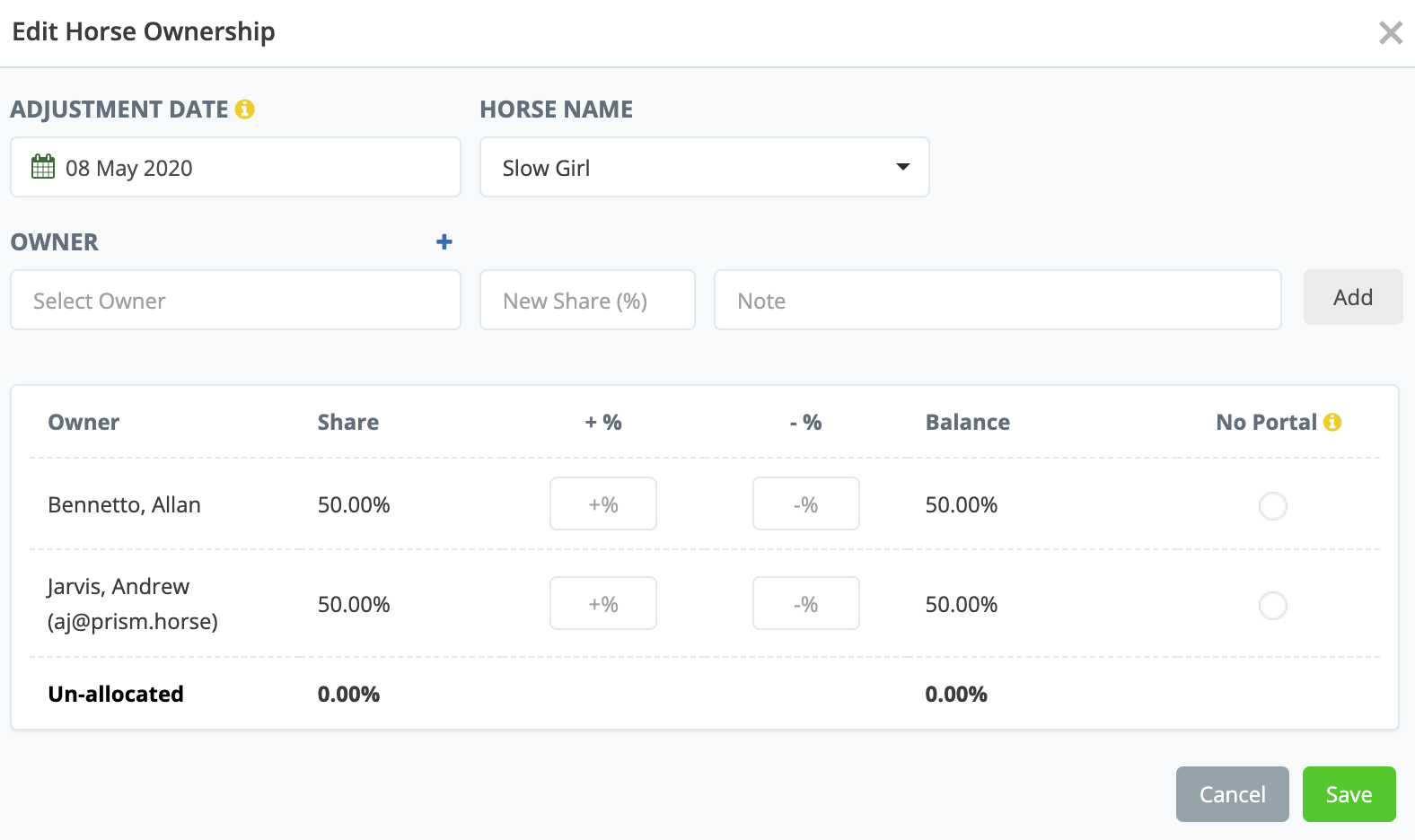 How to add owners to a horse or adjust an owner's ownership share in a